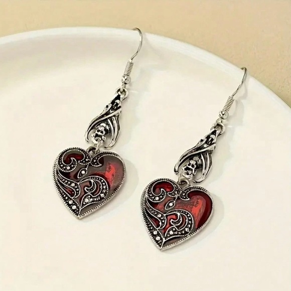 Elegant Silver and Red Heart Earrings - Picture 6 of 6